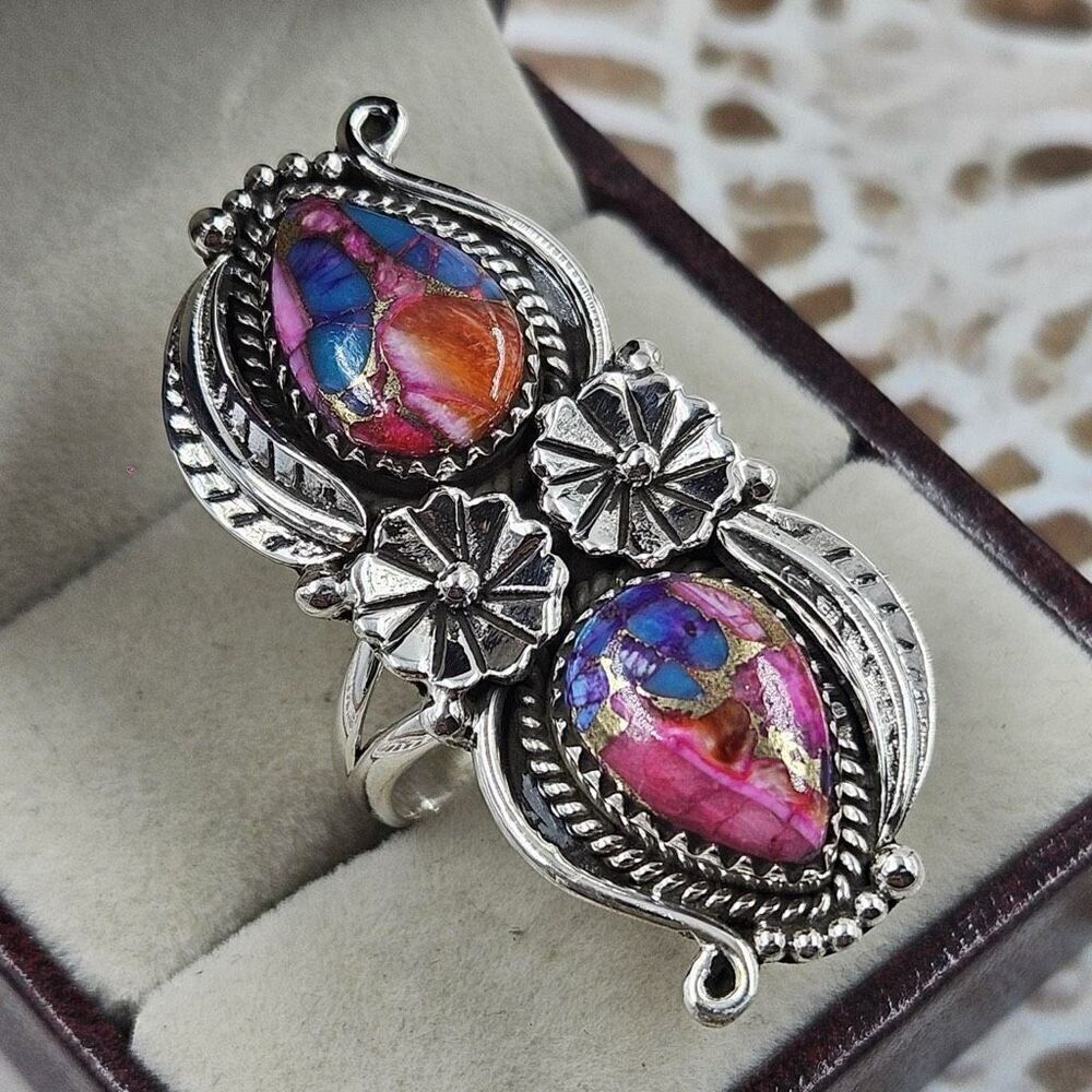 Pink Dahlia Copper Turquoise Statement Ring Southwestern Double Stone Floral